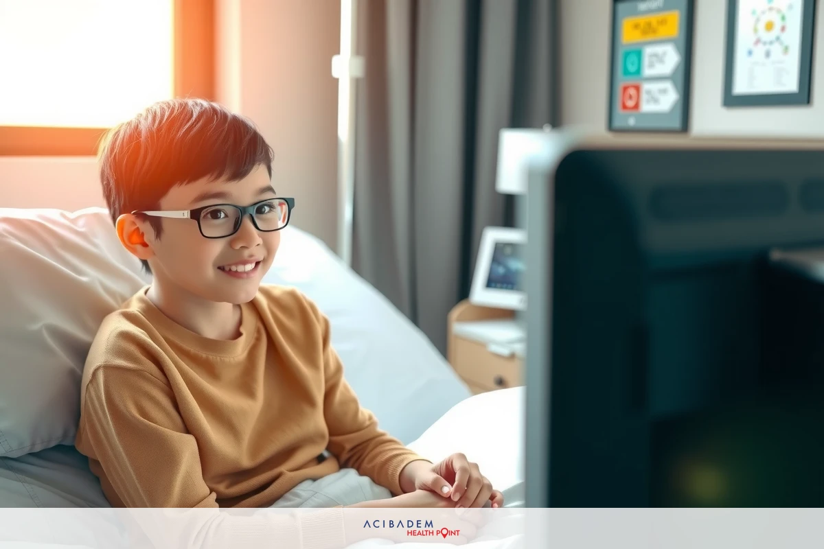 Boy sitting in hospital bed smiling, with laptop computer and medical equipment, promoting the use of telemedicine or e-health.