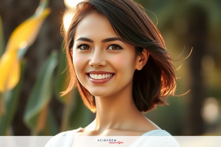 The image features a young woman with brown hair, smiling at the camera. She is outdoors in natural sunlight, possibly during the golden hour given the soft lighting on her face.