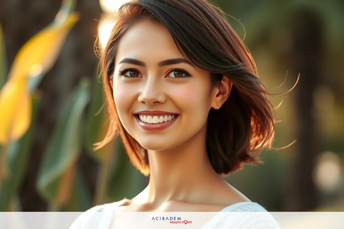 The image features a young woman with brown hair, smiling at the camera. She is outdoors in natural sunlight, possibly during the golden hour given the soft lighting on her face.