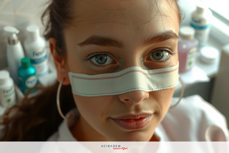 A close-up of a young woman's face. She has a mask on her nose and appears to be in an environment with health products or items.