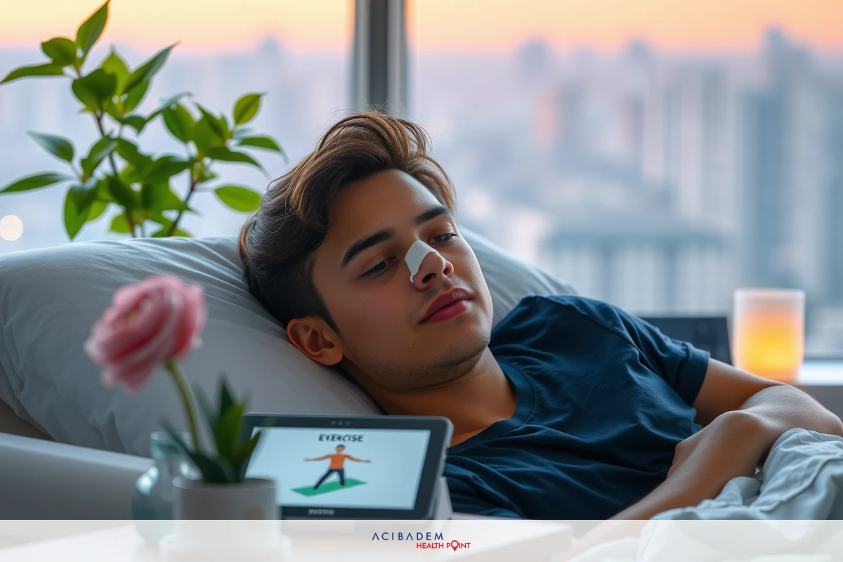 Man lying in bed with tablet, flowers and city skyline in the background. Relaxed atmosphere. Soft pastel colors dominate the scene.