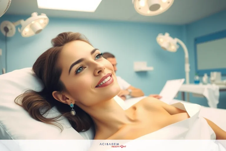 How Long is BBL and Lipo Surgery A woman lying down in a hospital bed, smiling at the camera. She is wearing a white gown and has her hair pulled back. The ambiance is reminiscent of a medical hospital setting with clinical lighting.