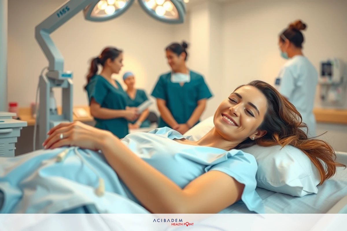 The image shows a woman lying on a hospital bed, smiling towards the camera. She appears to be wearing a medical gown and is being attended to by several doctors and nurses who are standing around her. The environment suggests a modern medical setting with sterile surfaces and professional attire worn by healthcare personnel.