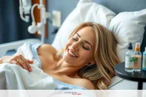 A woman is lying down in a hospital bed. She has blonde hair and is smiling. There are medical supplies, including bottles of medicine beside her.