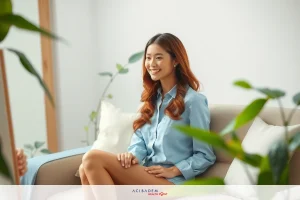 A woman is sitting on a sofa and smiling. She has long red hair and is wearing a blue shirt. The couch has a white pillow, and behind the woman is a large green plant. There's another person in the background who appears to be listening to her.