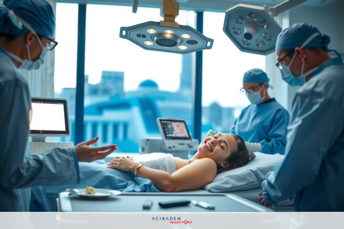 A hospital operating room. Surgeons in blue scrubs are performing surgery with a female patient lying on the table.