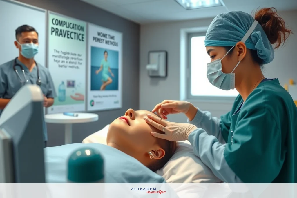 The image shows a medical setting, where a doctor is performing an examination or procedure on a patient lying on a bed. The doctors are wearing protective surgical masks for hygiene purposes. In the background, there's a poster with health-related information on it, indicating that this scene takes place in a healthcare facility.