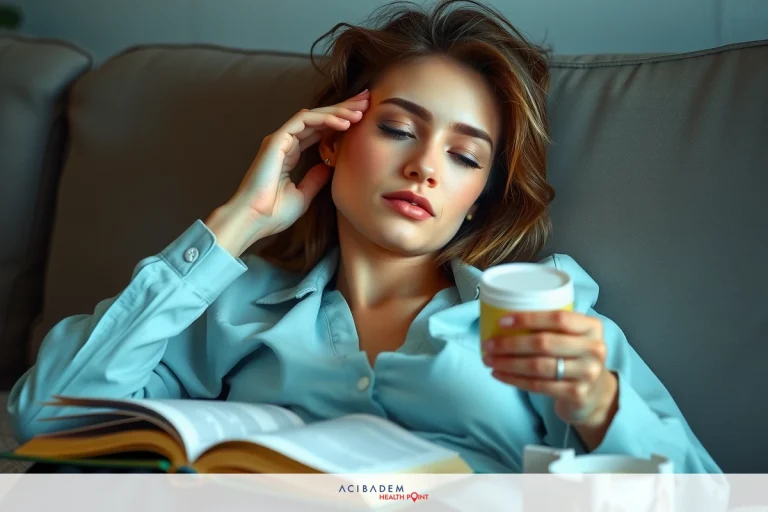 A woman in a relaxed pose on a couch, holding a mug and possibly reading a book. She's dressed in a blue shirt, with her hand under her eye, suggesting tiredness or contemplation.