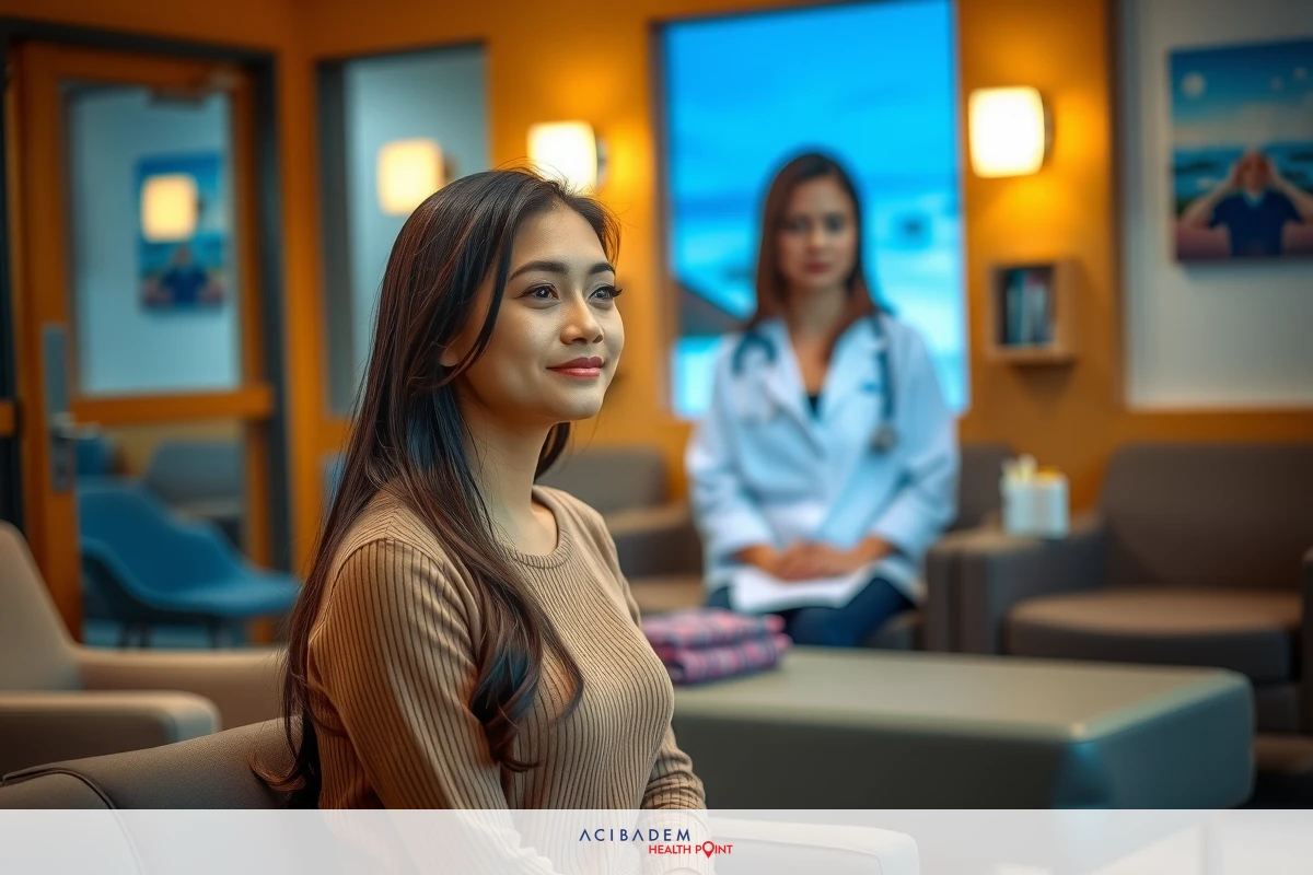 The image shows a woman sitting in an office environment. She is looking to the side with a smile on her face, wearing a brown top and has long dark hair. Behind her, there's another woman standing, dressed in professional attire which includes a white coat and a stethoscope around her neck, indicating she might be a healthcare professional. The room has a modern decor with multiple windows allowing natural light to fill the space.