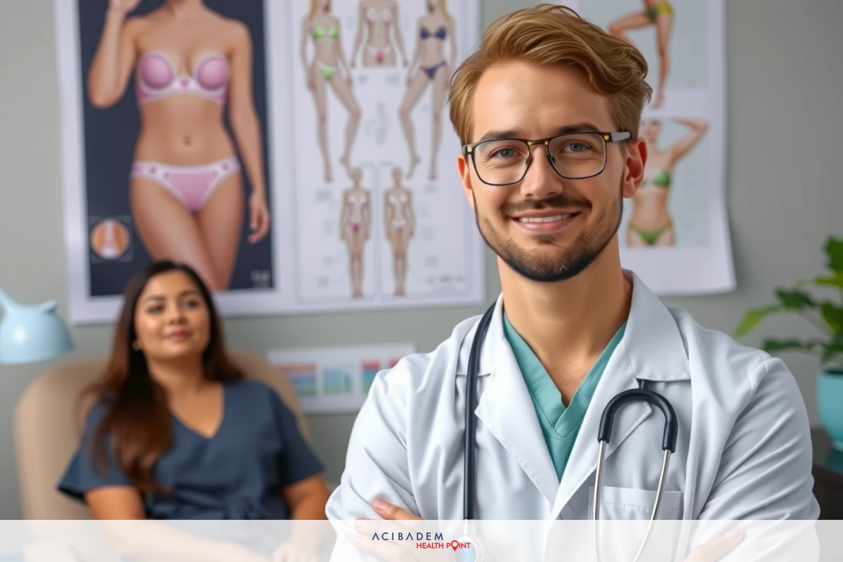 Two healthcare professionals standing in an office. A male doctor wearing a white lab coat is smiling at the camera, while a female sits and listens with her hands clasped together. The setting includes medical posters on the wall.