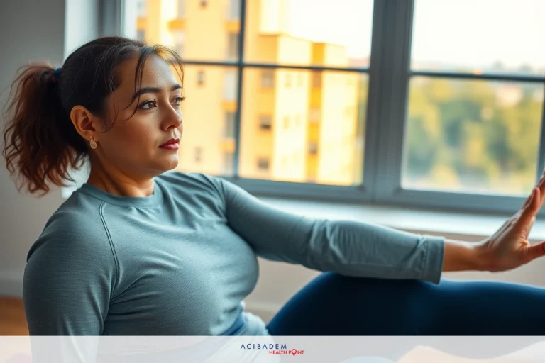 A woman in a gray top and black pants is performing a yoga pose against a window background. She appears focused on her practice with one leg extended behind her.