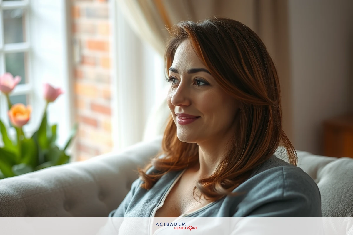 A young woman with a cheerful smile is comfortably seated on a couch, wearing a casual top. She has short hair and her eyes are looking away from the camera towards something out of frame. A small vase with flowers adds to the homely atmosphere.