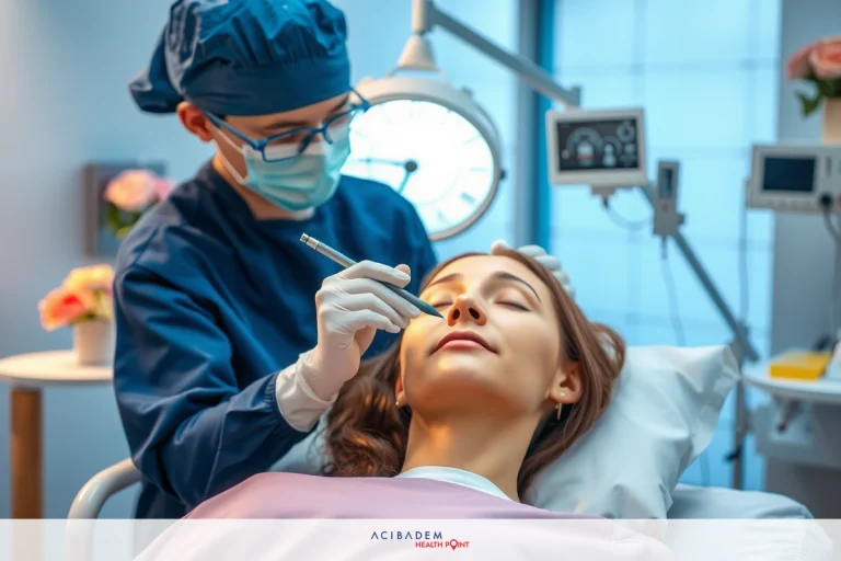 The image shows a person receiving medical treatment, likely in a healthcare setting. A surgical mask is visible on the doctor performing the procedure. The focus of the image is on the clinical aspect of the interaction between doctor and patient.