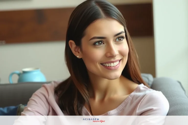 The image shows a young woman smiling and relaxing on a couch in an indoor setting. She has long hair and is wearing casual attire, suggesting a comfortable and informal environment. The overall atmosphere appears warm and welcoming.