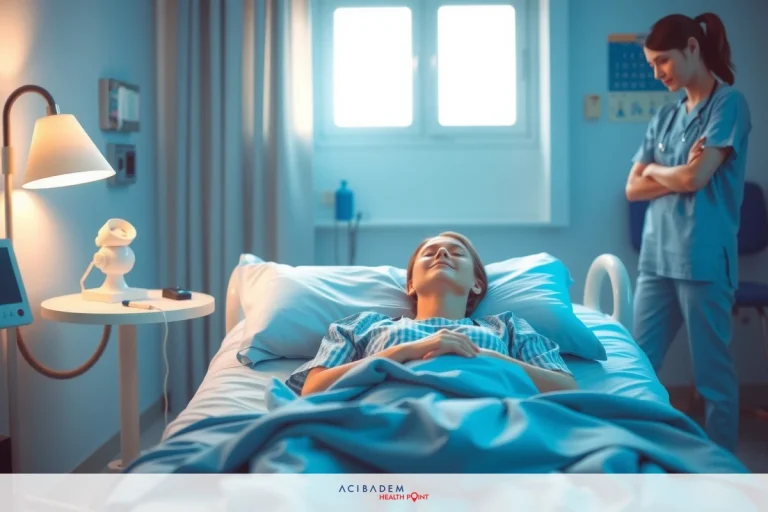 A medical scene where a nurse is attending to a patient in a hospital room, assisting with healthcare needs. The focus on healthcare and nursing staff suggests a sense of care and support.