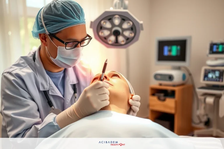 What Is A Minimally Invasive Surgery For Rhinoplasty A medical professional wearing a face mask and blue scrubs is conducting a medical procedure on a patient. The patient is laying down with their head elevated, likely for an examination or treatment. In the background, there are medical devices such as monitors and diagnostic equipment.
