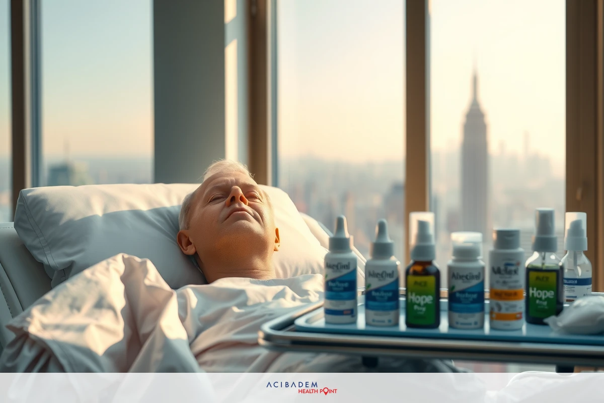 The image shows a person lying in a hospital bed, looking at the camera with concern. Various medication bottles are arranged on a table beside the bed.