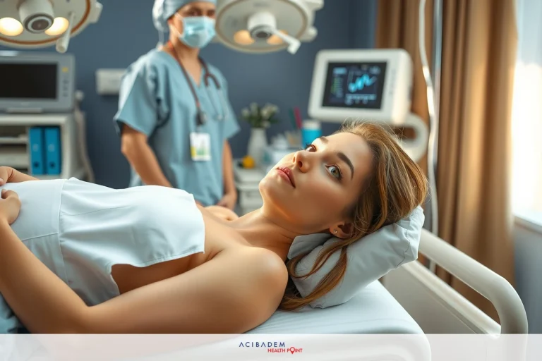 A scene from a hospital setting. In the foreground, there is a woman lying on a stretcher with her back towards the camera. She appears to be in distress or pain. To her right stands another individual wearing medical scrubs and a surgical mask, observing her.