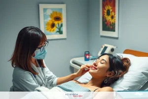 In the image, there is a healthcare professional in protective gear, likely a mask and gloves, tending to a patient. The patient appears to be receiving medical attention or care, potentially related to eye examination. In the background, there are framed images on the wall that suggest a clean and sterile environment, which is consistent with a healthcare setting.