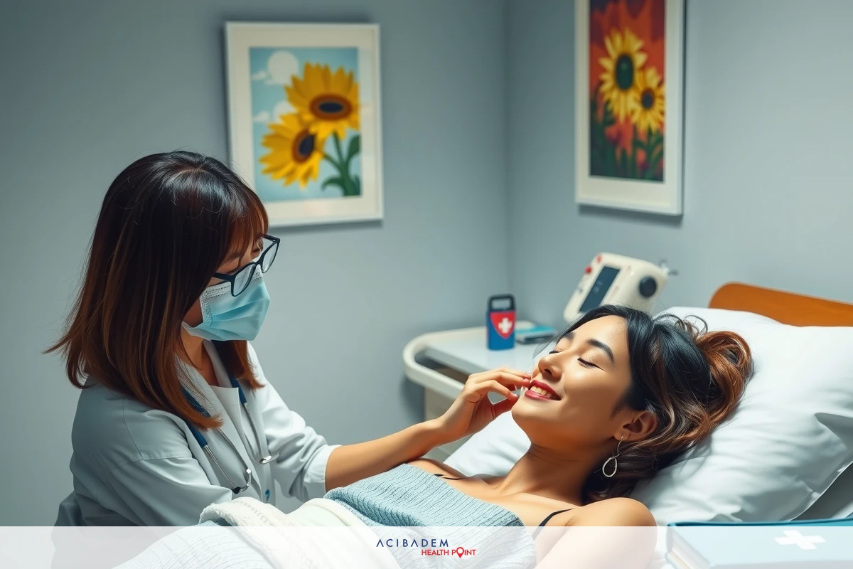In the image, there is a healthcare professional in protective gear, likely a mask and gloves, tending to a patient. The patient appears to be receiving medical attention or care, potentially related to eye examination. In the background, there are framed images on the wall that suggest a clean and sterile environment, which is consistent with a healthcare setting.