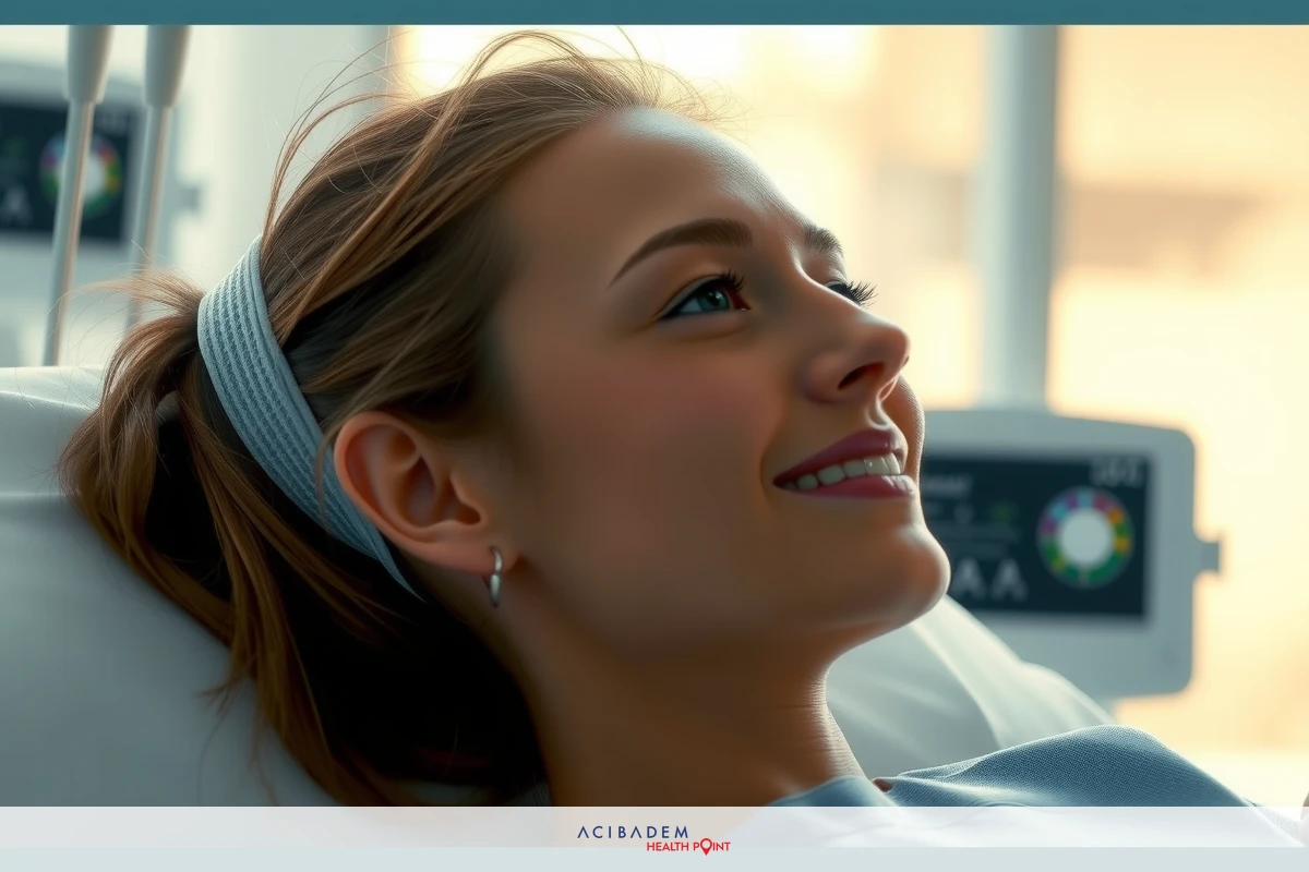 A woman smiling from a hospital bed, with various medical equipment visible.