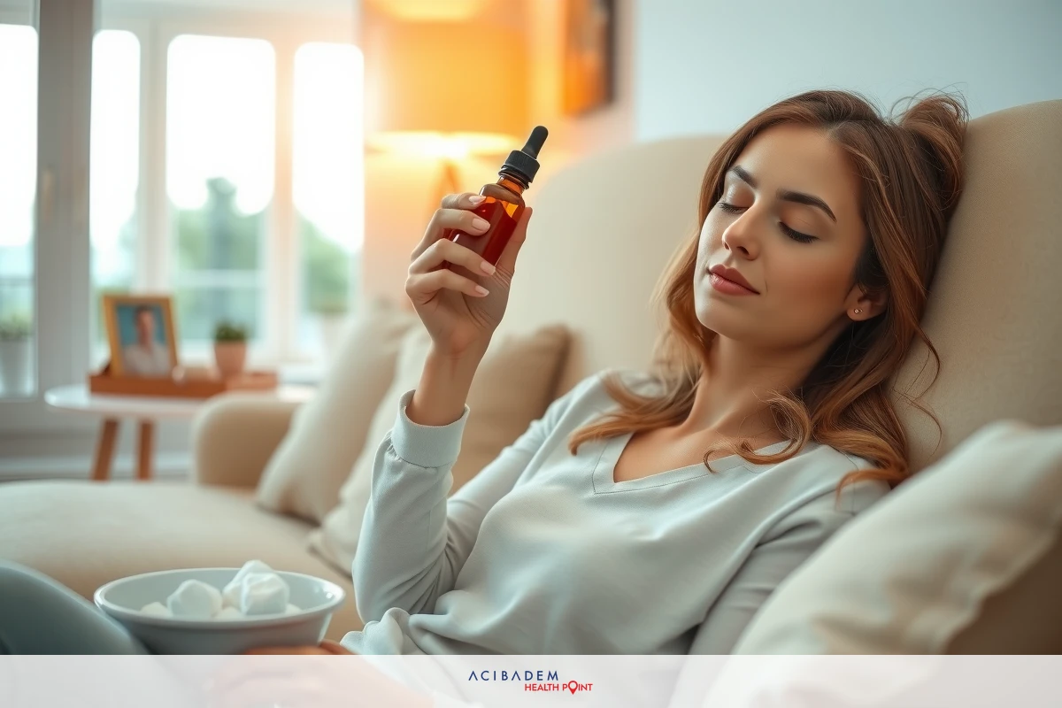 The image features a young woman relaxing on a couch. She is seems to be enjoying the scent or perhaps looking for information about it online. The room has a warm, inviting ambiance with natural light filtering in through windows.