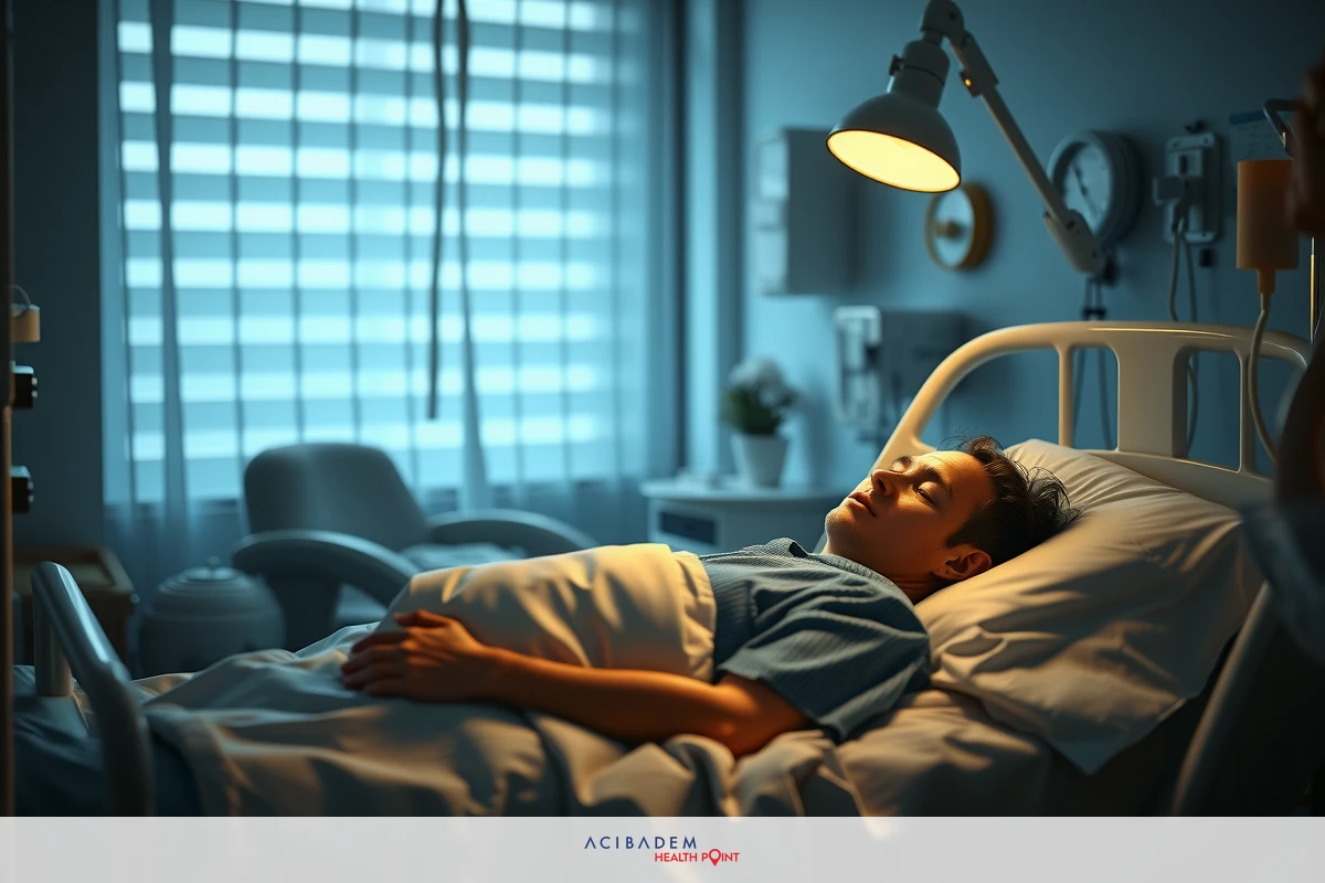 In a hospital setting, the image depicts an adult lying in bed with blurred medical equipment around. The person appears to be unwell and is resting on top of white sheets. A lamp is turned on beside the bed.