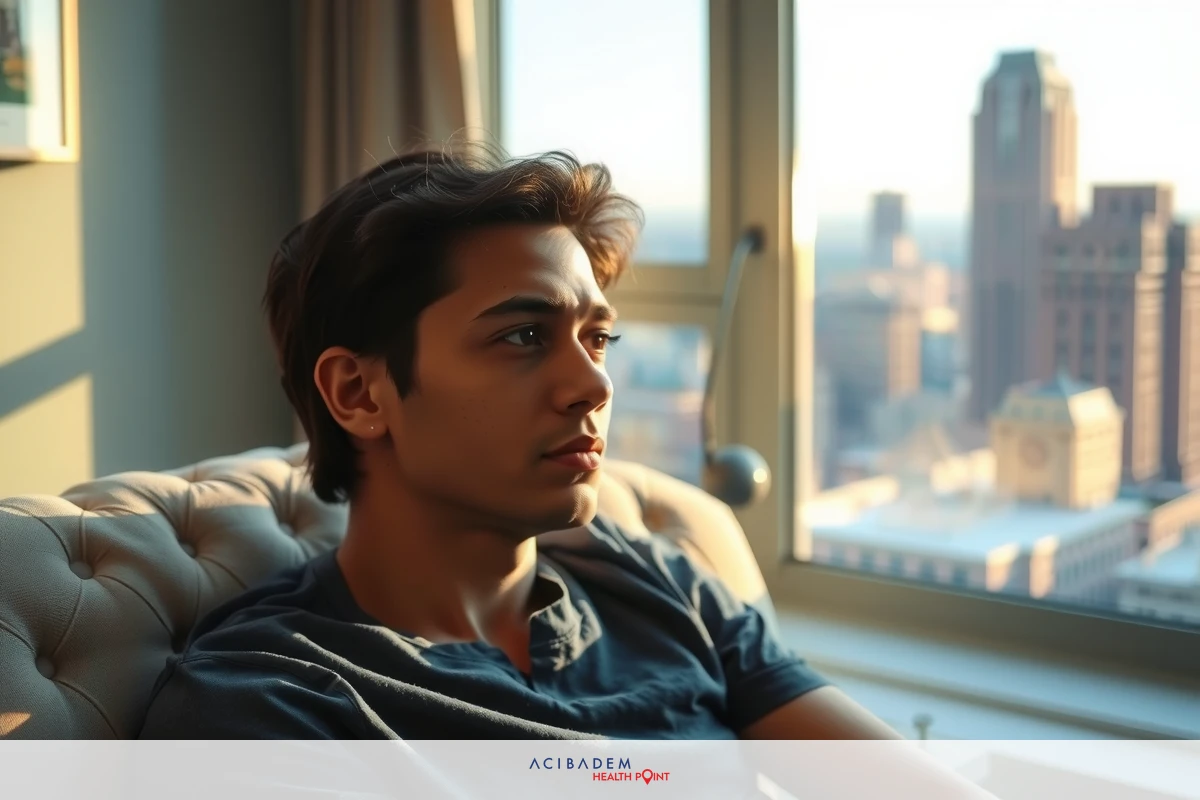 Man sitting on couch with cityscape in background, looking out the window. He has a thoughtful expression and is wearing a dark blue top.