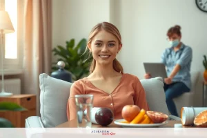 The image shows a woman seated in a living room, smiling at the camera. There's a plate of fruit on the table front her. The environment suggests a cozy and comfortable domestic setting with home furnishings like a sofa and potted plants. The atmosphere appears to be casual and relaxed.