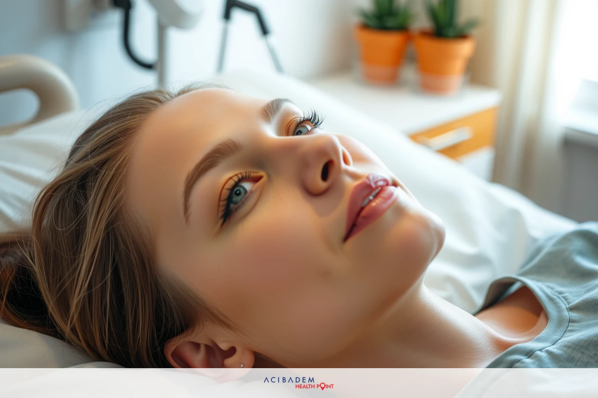 A woman is lying on a hospital bed, looking upward with her eyes closed. She has a neutral expression on her face. The hospital room setting includes medical equipment and potted plants.