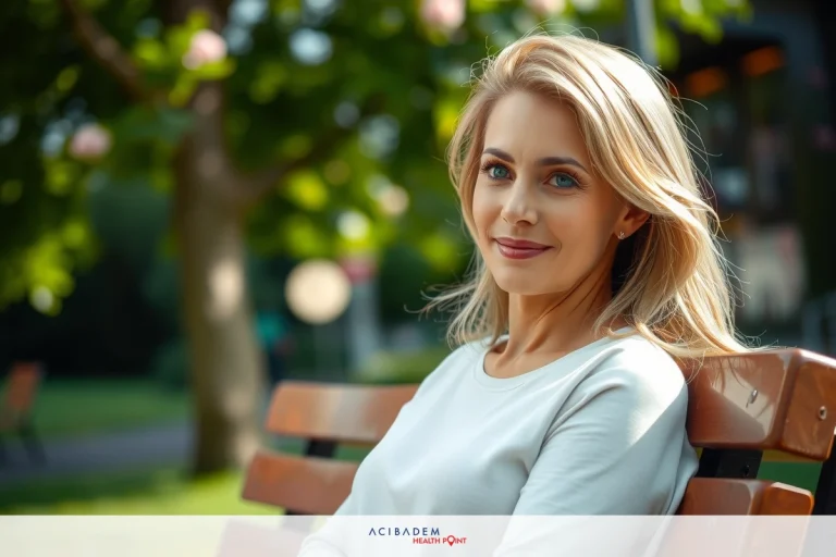A woman sitting on a park bench wearing a white top, smiling at the camera. She has blonde hair and is relaxed with her hands clasped in her lap.