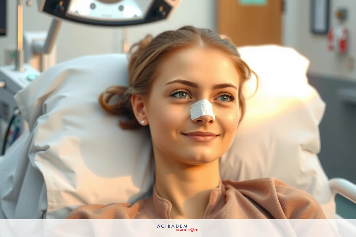 A woman is lying on a hospital bed, receiving medical attention. She has a tape or bandage across her nose and appears to be resting comfortably under the care of medical professionals.