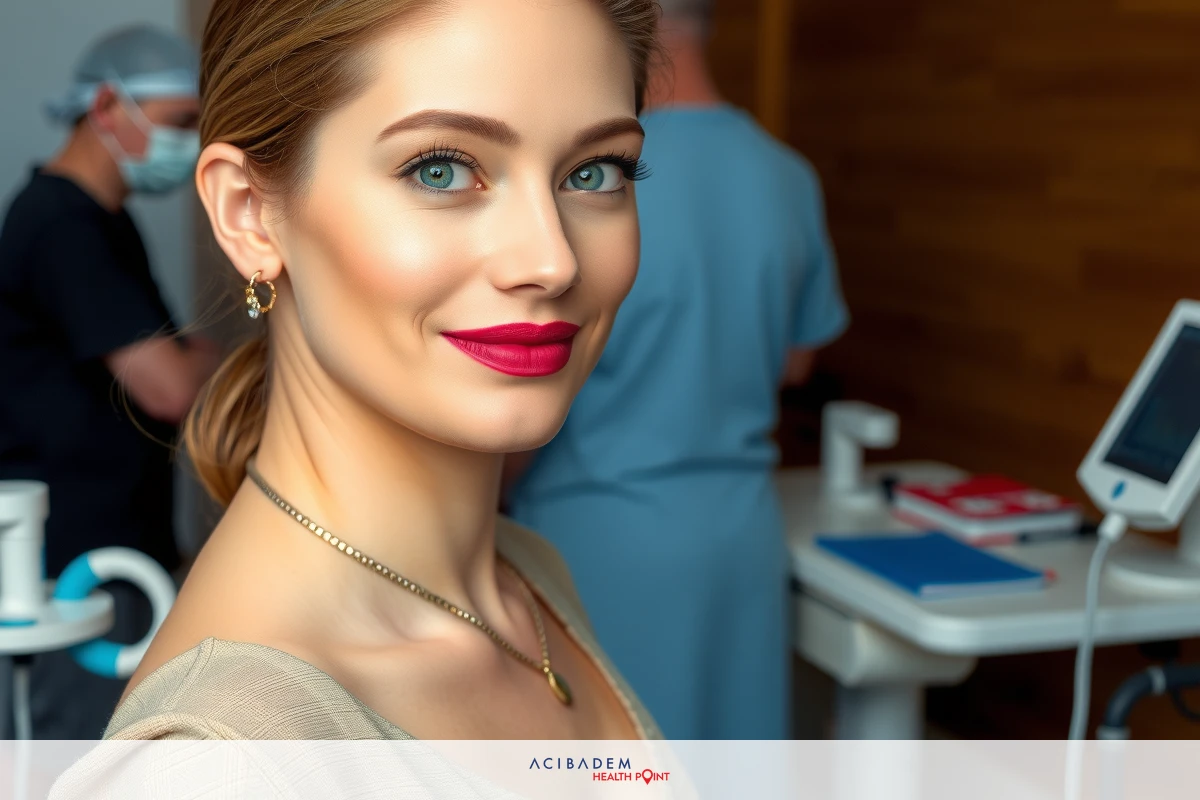 The image features a smiling woman with red lipstick, standing in what appears to be a medical clinic. She is wearing an elegant necklace and her hair is styled down. In the background, there are medical professionals dressed in surgical gear, indicating that they may be surgeons. The environment suggests a professional atmosphere with modern equipment visible, such as a microscope or medical device on the countertop.