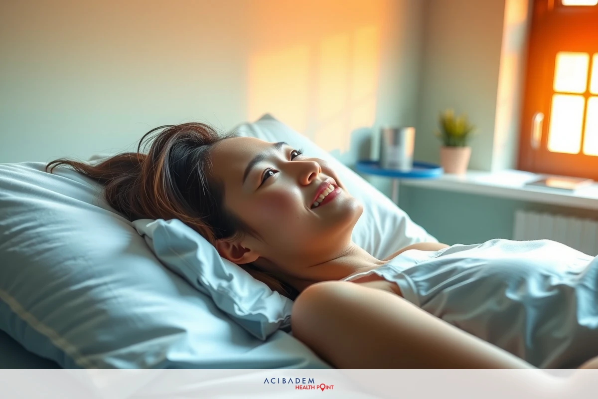 A young woman is lying in a bed, smile on her face. She has a relaxed posture and appears to be enjoying herself. The bedroom setting suggests a calm and comfortable atmosphere.