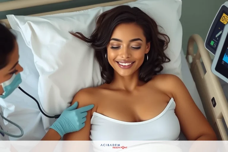 The image shows two women in a medical setting. One woman is lying on a hospital bed, smiling, and looking up at the other woman standing next to her. The woman standing appears to be a healthcare professional dressed in scrubs and wearing gloves, while the one lying down is dressed casually and seems relaxed. Both women are engaged in a warm interaction, suggesting a positive patient-doctor relationship.