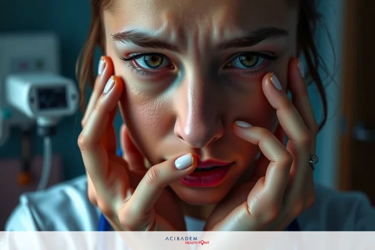 Why Do I Still Have a Bump After Rhinoplasty The image shows a close-up of a woman's face, appearing to be in distress or concern. Her eyes are wide open with her hands pressed against her cheeks, possibly indicating shock or worry. There are visible medical devices inside, suggesting it may be in a hospital setting.