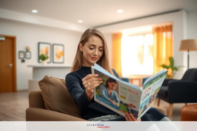 A young woman is sitting on a couch reading an open magazine or book, with a comfortable home setting around her.