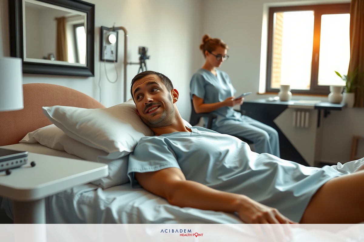 The image shows a man lying in a hospital bed with a medical professional attending to him. The man is wearing a medical gown and appears to be undergoing treatment or recovery. The setting is an indoor room with clinical lighting, suggesting a healthcare environment.