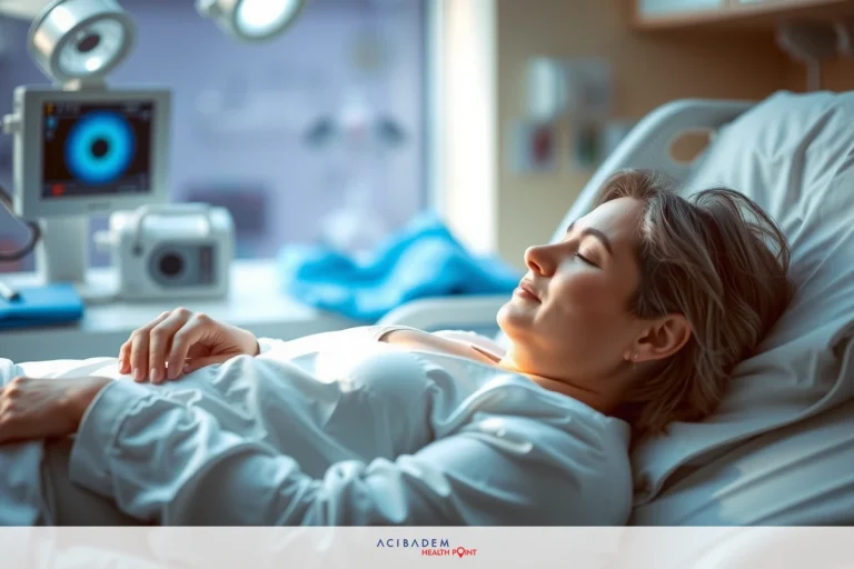Image of a woman lying in a hospital bed, with medical equipment around her, such as a monitoring devices. The room is well-lit, and the atmosphere suggests a calm and caring environment.