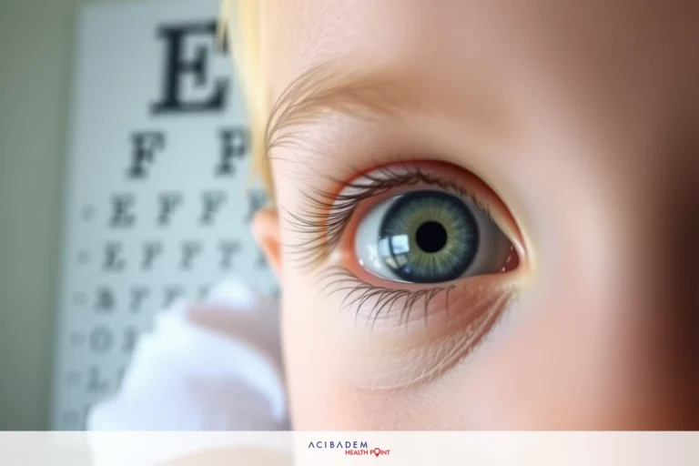The image shows a close-up of a child's eye, possibly in an optometrist's office setting. The environment is blurred, but the colors are soft and muted, suggesting a calm and clinical atmosphere.