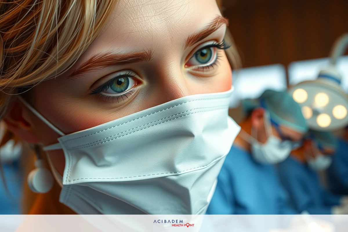 A medical professional wearing a face mask, focused on surgical equipment in an operating room setting. The image highlights the clinical environment with sterile conditions.