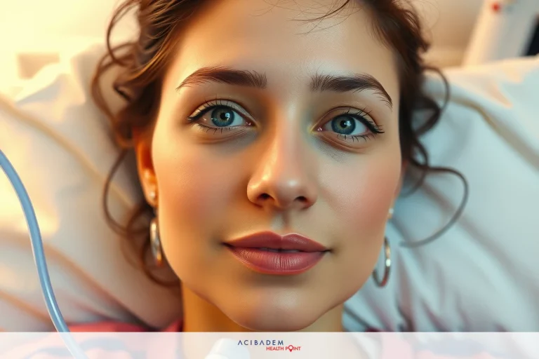 Close-up photo of a woman with fair skin wearing makeup, lying on her back in a hospital bed. She has long dark hair and is looking directly at the camera.