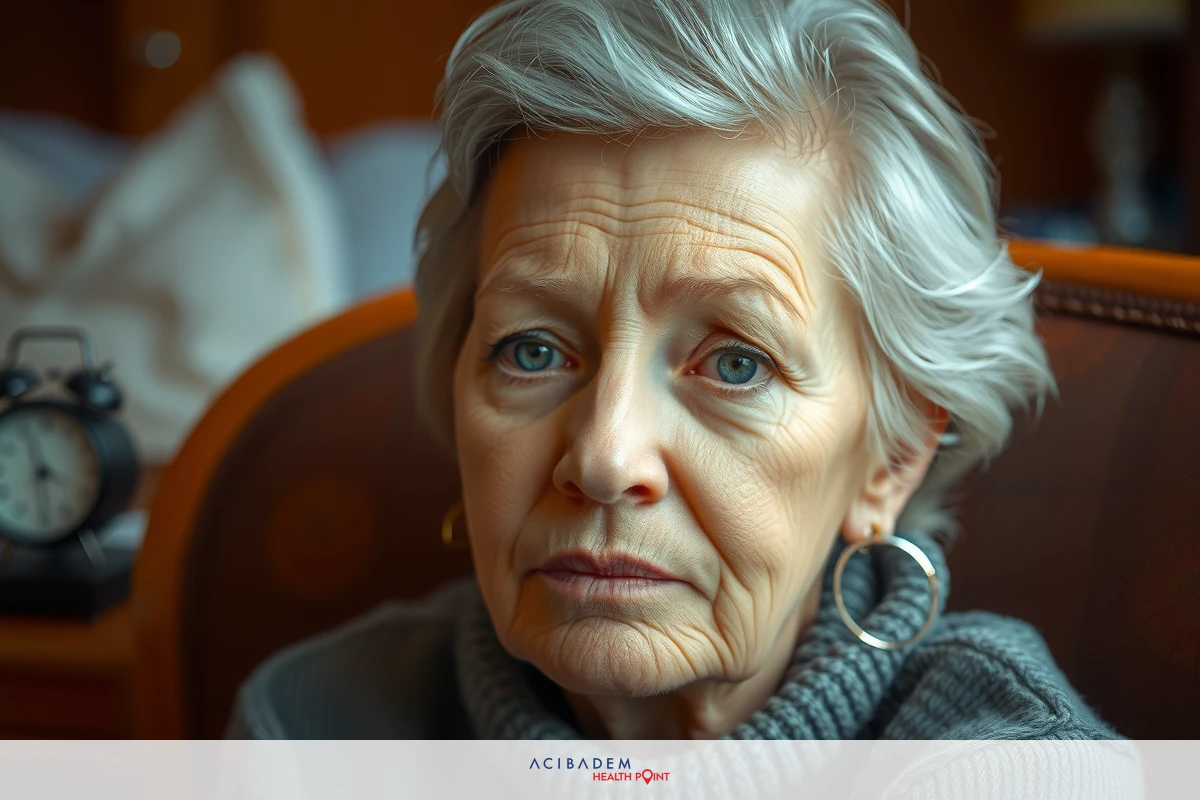 A grey-haired woman sits in a bedroom, wearing a blue sweater and gold earrings. She has her hands folded on her lap as she looks slightly away from the camera with a serious expression.