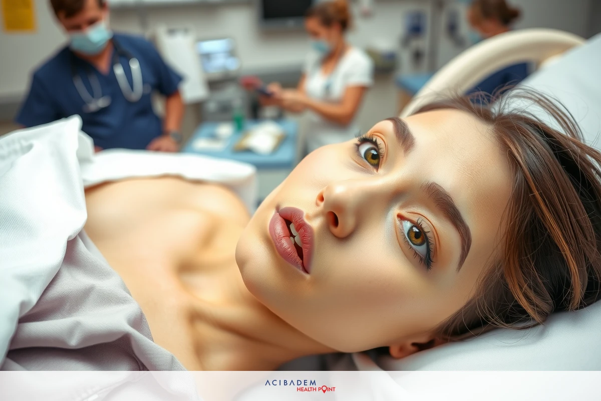 This image depicts a person lying in a hospital bed, surrounded by medical staff. The individual appears to be undergoing a medical procedure or receiving care. The room has a sterile appearance with clinical equipment and personnel present, indicating a healthcare setting.