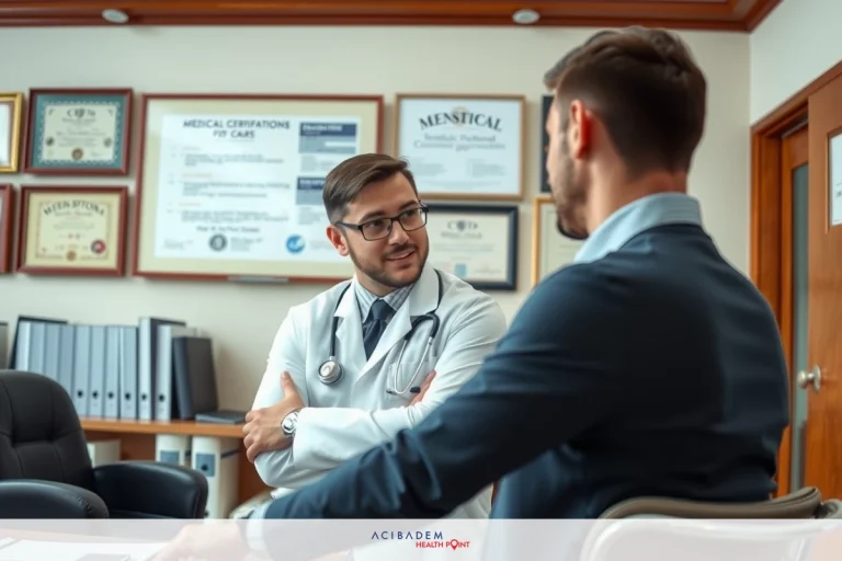 In an office setting, a doctor is speaking with a patient who is seated across the desk. The patient is wearing glasses and appears to be listening intently to the doctor's explanation. There are books and medical equipment on the shelves in the background, indicating a professional environment.
