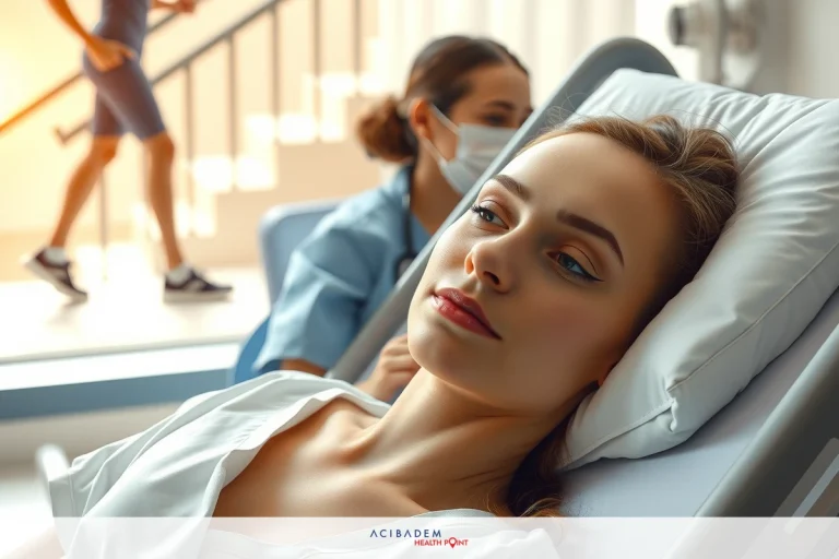 When Can I Climb Stairs After Rhinoplasty The image shows a woman lying in a hospital bed. Medical staff are examining her carefully, possibly assessing her condition or providing treatment. The setting is clinical, and typical medical equipment is visible.