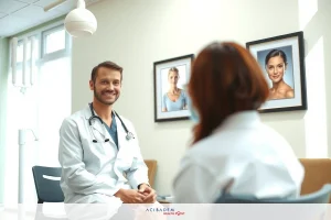 A doctor, wearing a white lab coat and stethoscope, sits at a desk with a woman. They are in an office setting with medical photos on the wall.