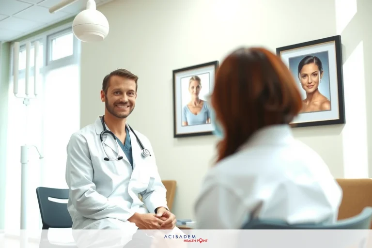 A doctor, wearing a white lab coat and stethoscope, sits at a desk with a woman. They are in an office setting with medical photos on the wall.