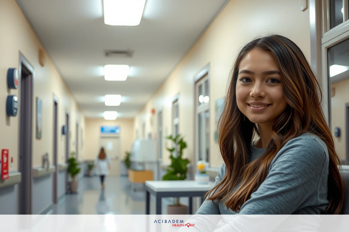 A young woman with long dark hair sits in a healthcare facility, smiling directly at the camera. She is wearing a gray top and has her hands crossed on the table.