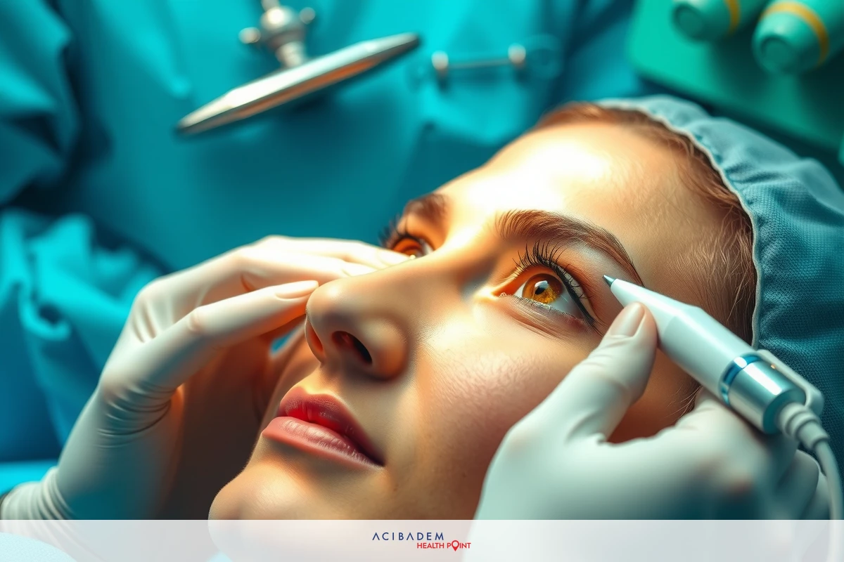 This is a medical image showing a patient lying on an operating table with their eyes wide open. A surgeon is standing over the patient, holding eye lenses or glasses.